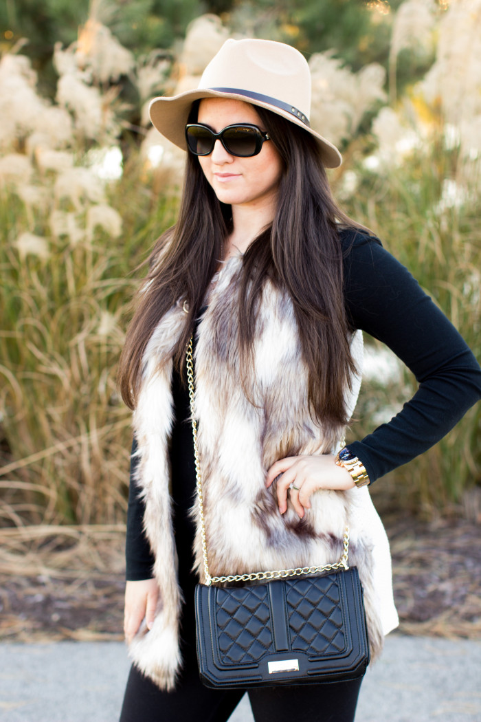 faux fur vest, what to wear with leggings, how to wear leggings, over the knee black boots, over the knee flat boots, hat, camel hat, winter wide brim hat, quilted handbag, quilted bcbg handbag