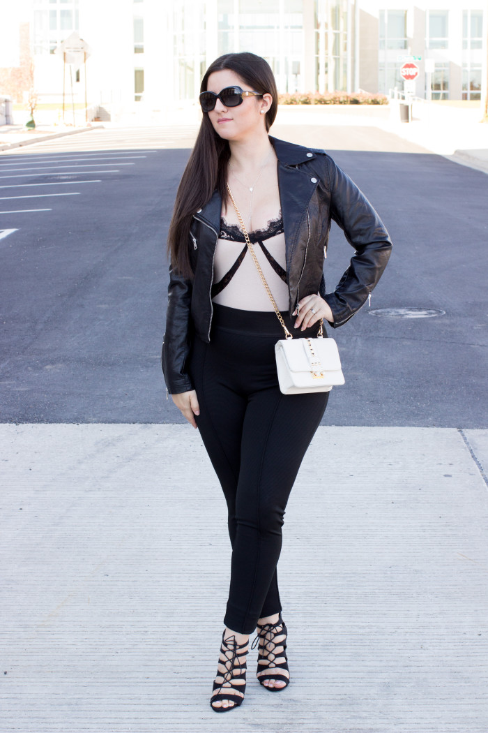 leather jacket, how to style a leather jacket, faux leather jacket, black moto leather jacket, leggings and sandals, how to wear caged sandals, edgy outfit, edgy style, sears fashion, sears jacket