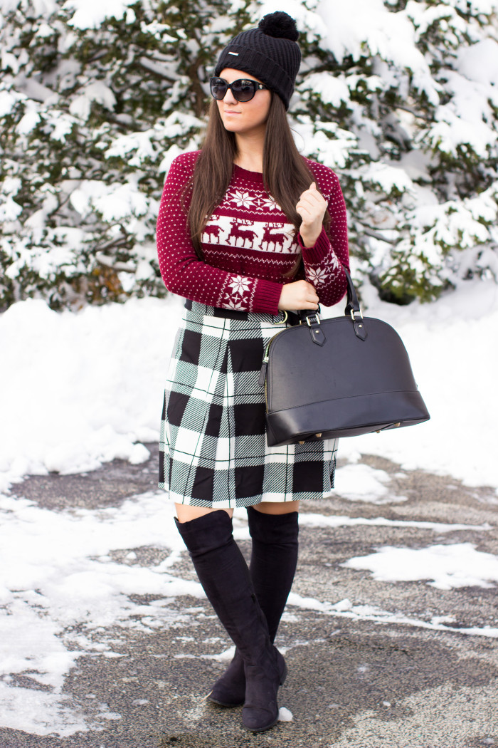 plaid skirt, fair isle print sweater, marsala winter sweater, black and white skirt, black and white plaid skirt, jcpenny womens fashion, jcpenny skirt, over the knee boots