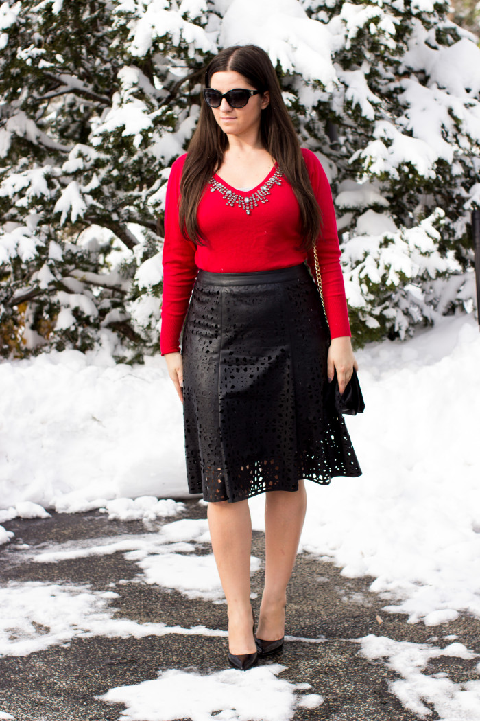 christmas party look, black and red Christmas party outfit, red embellished sweater, jcpenny fashion, womens chrsitmas outfits