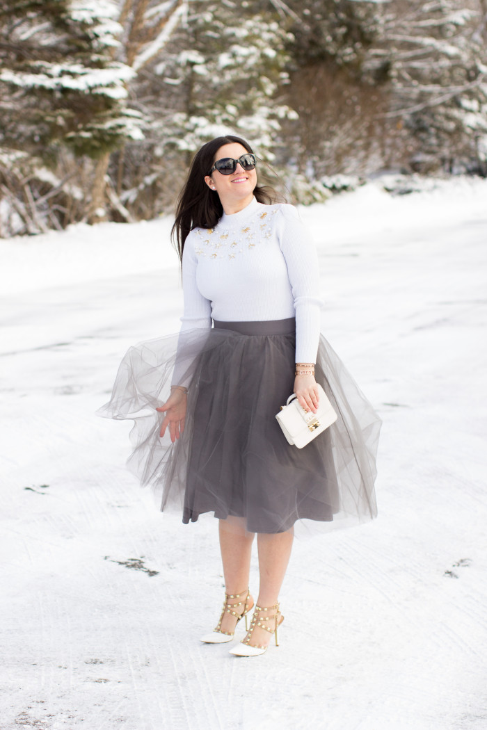 gray tutu skirt, winter outfit idea, how to wear a tutu skirt, how to wear a skirt in winter,