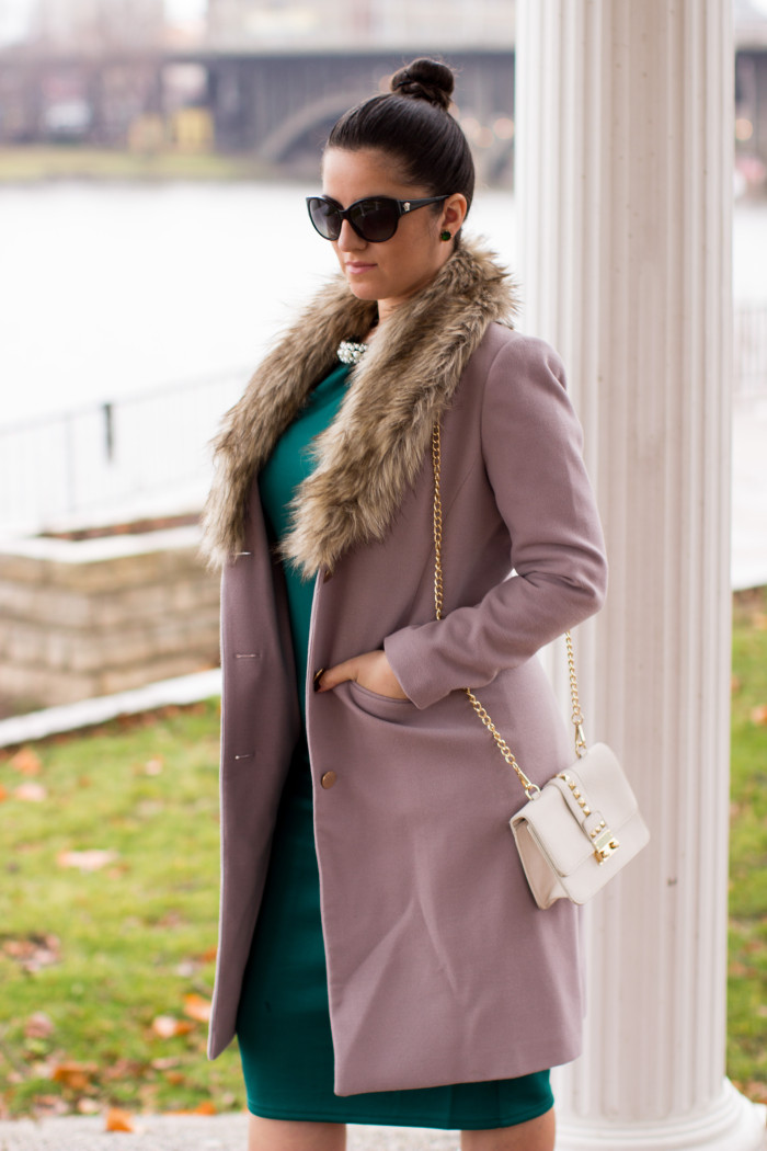 green and pink, how to style a green dress, how to style a pink coat, faux fur trim coat, special occasion outfit idea, work appropriate outfits