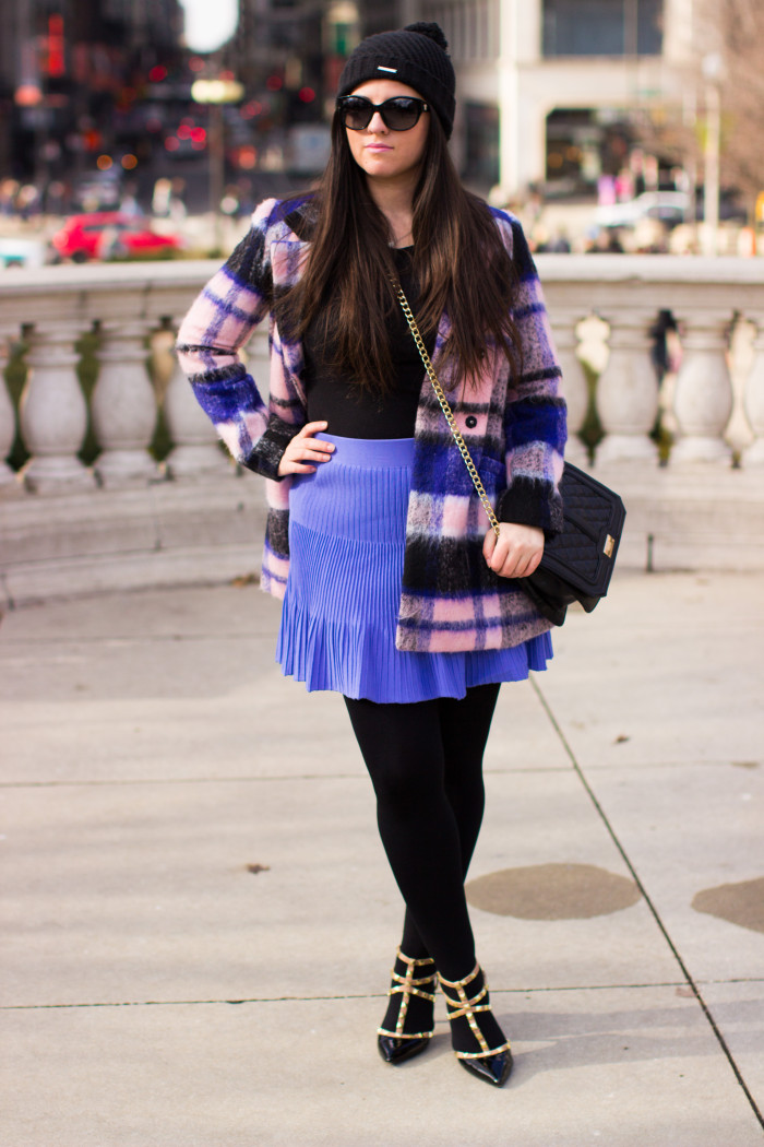 how to wear a mini skirt in winter, purple mini skirt, kohls fashion, bcbg handbag, bcbg rockstud pumps