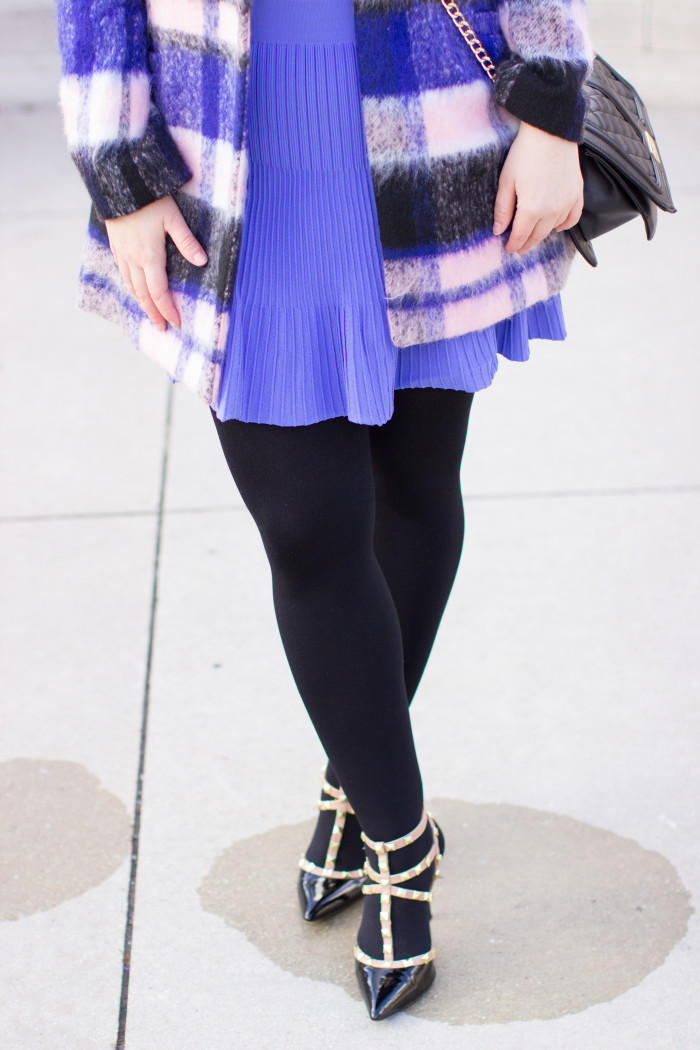 how to wear a mini skirt in winter, purple mini skirt, kohls fashion, bcbg handbag, bcbg rockstud pumps
