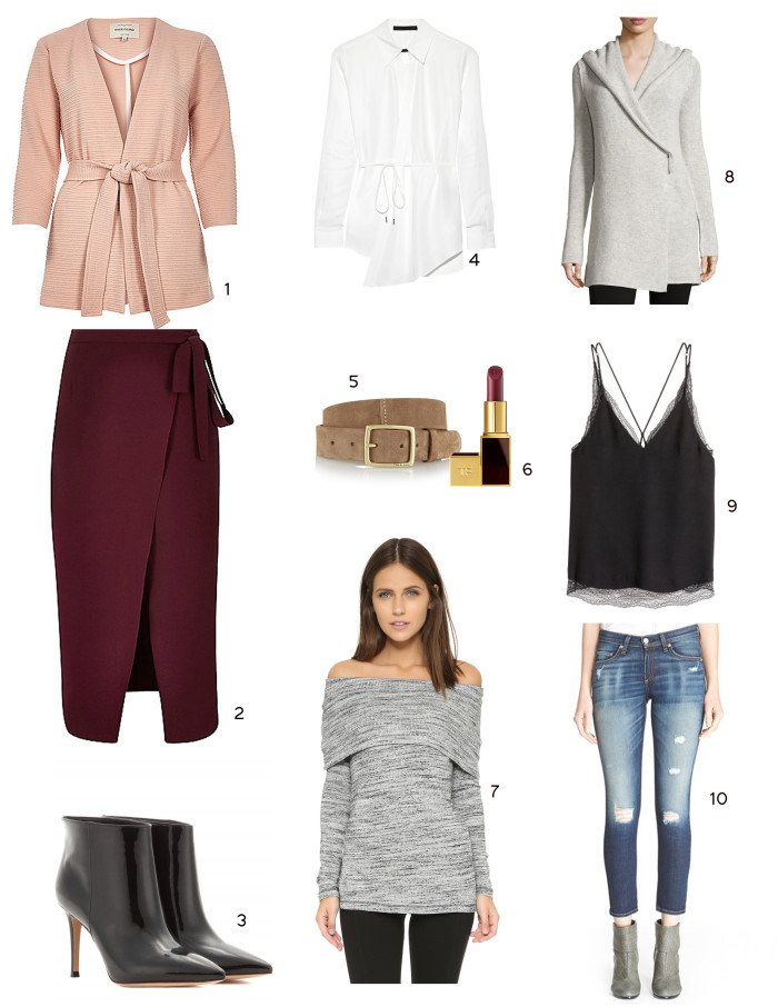 top ten must have fashion items for January, wrap coat, tie midi skirt, patent leather booties, white button up, suede belt, burgundy lipstick, off the shoulder top, light knit sweater, delicate lace top, cropped jeans