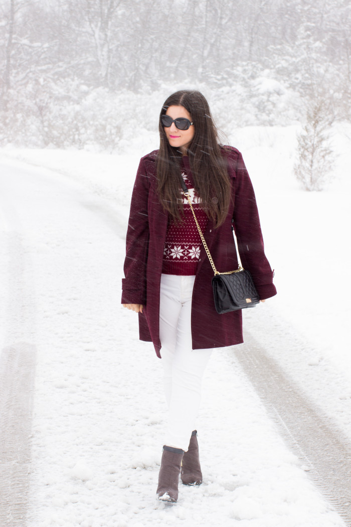 winter white pants, how to wear winter white pants, white and burgundy outfit combination, juicy couture booties, kohls boots