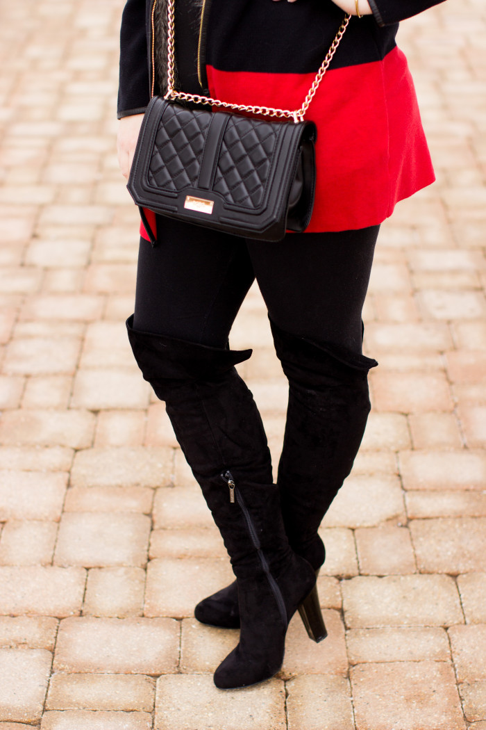 black and red combination, anne klein womens sweater, leggings, over the knee boots. all black outfit, street style, quilted crossbody, designer handbags