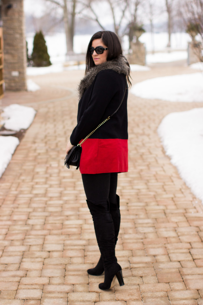 black and red combination, anne klein womens sweater, leggings, over the knee boots. all black outfit, street style, quilted crossbody, designer handbags
