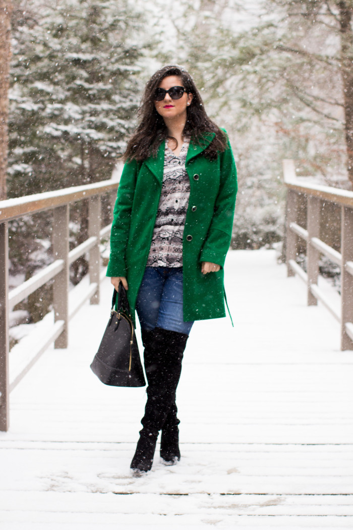 green coat, kenneth cole coat, winter pea coat, winter outfit idea, jeans and boots, black boots, blogger style, work appropriate outfit