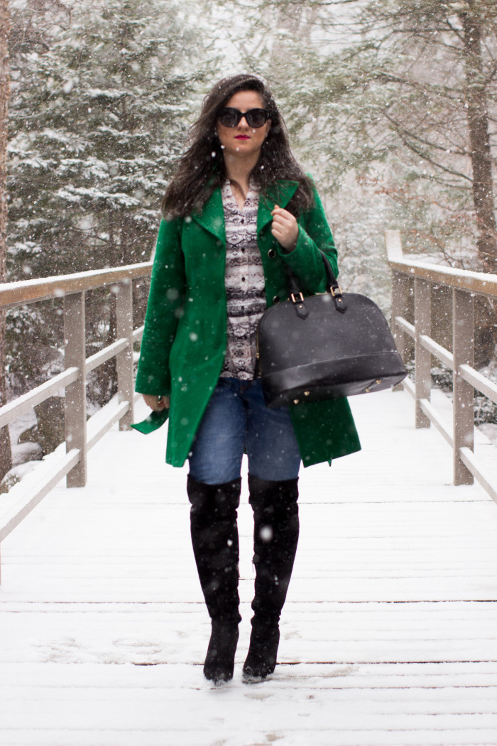 green coat, kenneth cole coat, winter pea coat, winter outfit idea, jeans and boots, black boots, blogger style, work appropriate outfit