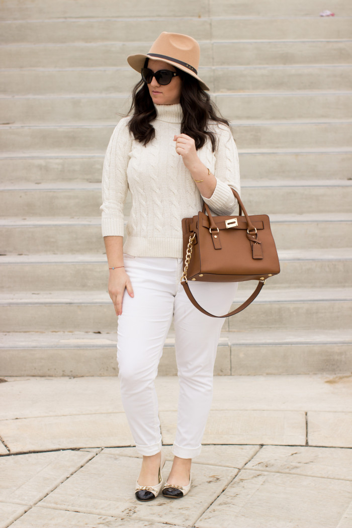 white and beige spring outfit, white jeans, white sweater, beige hat, Michael kors, beige handbag, spring outfit idea, casual spring outfit