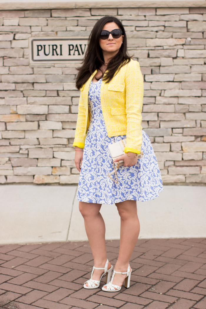 easter dress, spring dress, blue print dress, yellow eatweed coat, easter sunday womens fashion,