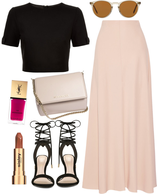 maxi skirt, crop top. lace up black sandal, ysl pink nail polish, Givenchy handbag, spring outfit idea