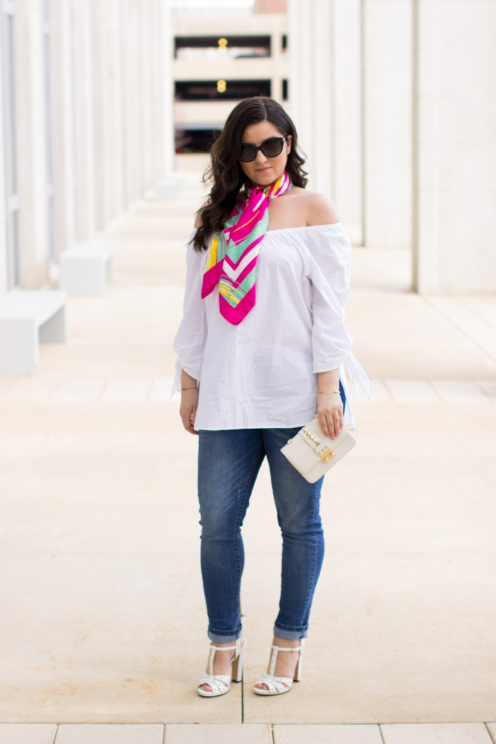 off the shoulder trend, white off the shoulder top. jcpenny womens fashion, Gucci, Gucci shoes, bcbg, womens jeans, colorful satin scarf