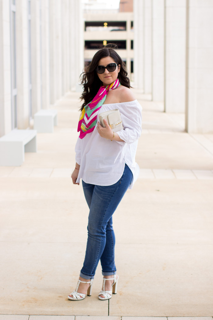 off the shoulder trend, white off the shoulder top. jcpenny womens fashion, Gucci, Gucci shoes, bcbg, womens jeans, colorful satin scarf