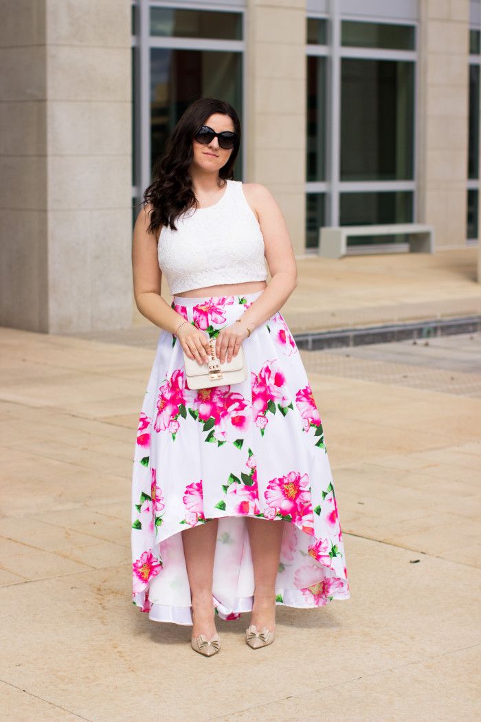 prom dress, jcpenny prom dress, bow shoes, Betsey Johnson, special occasion dress, two piece dress, floral skirt