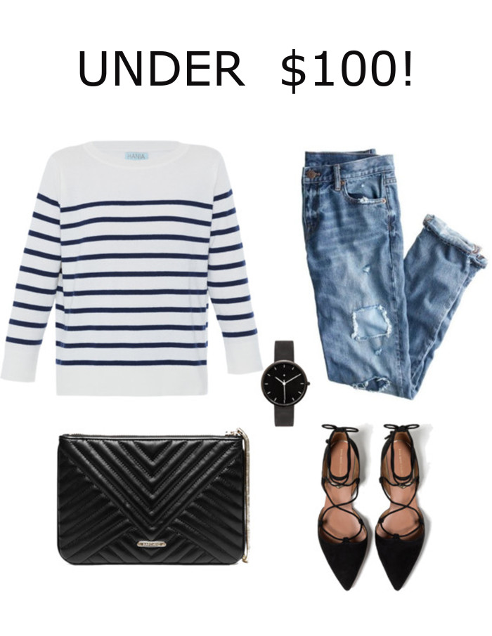 fashion under hundred, striped top, boyfriend jeans, distressed denim, lace up flat womens shoes, black watch, guess handbag