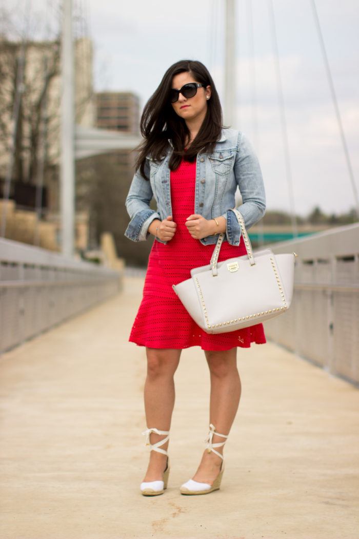 casual in red & denim, red dress, anne taylor loft summer dresses, lace up sandals, denim jacket, casual summer dress look