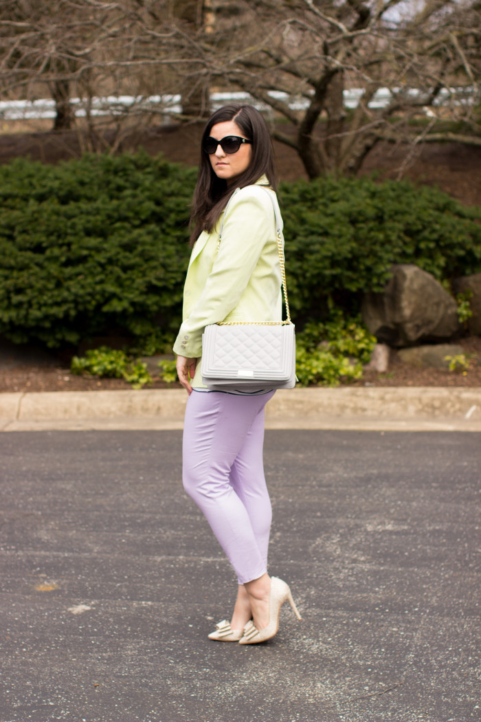 pastels and stripes, lavender pants, pastel green jacket, gold bow pumps, spring outfit idea, striped top