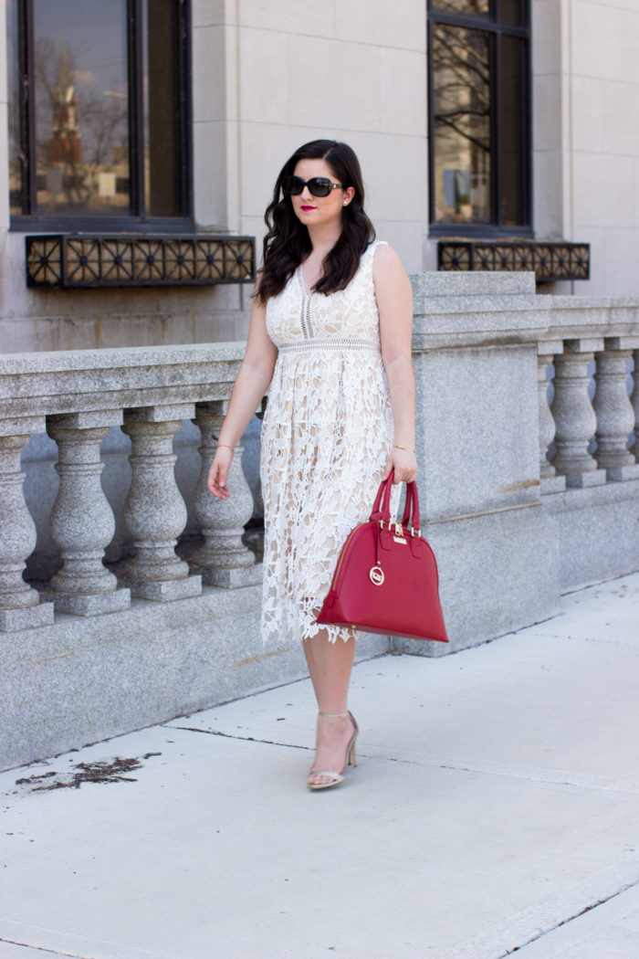 white lace crochet dress, summer dress ideas, womens summer dress, crochet dress, red handbag.