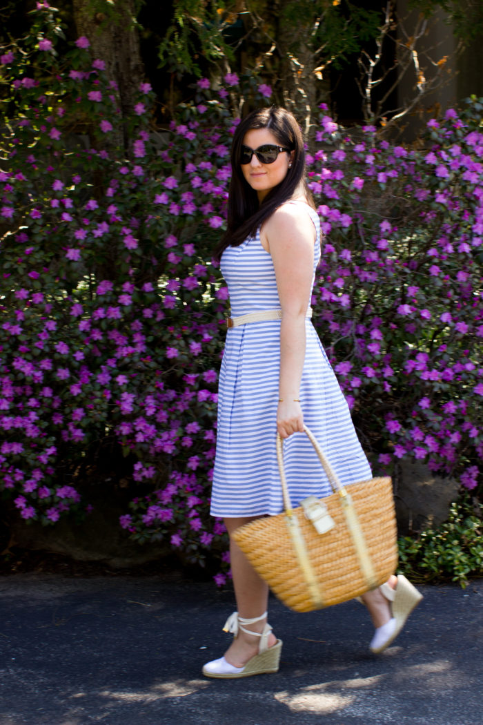 wrap espadrille wedges, summer dress, spring dress, brunching lady outfit, church outfit idea, striped dress
