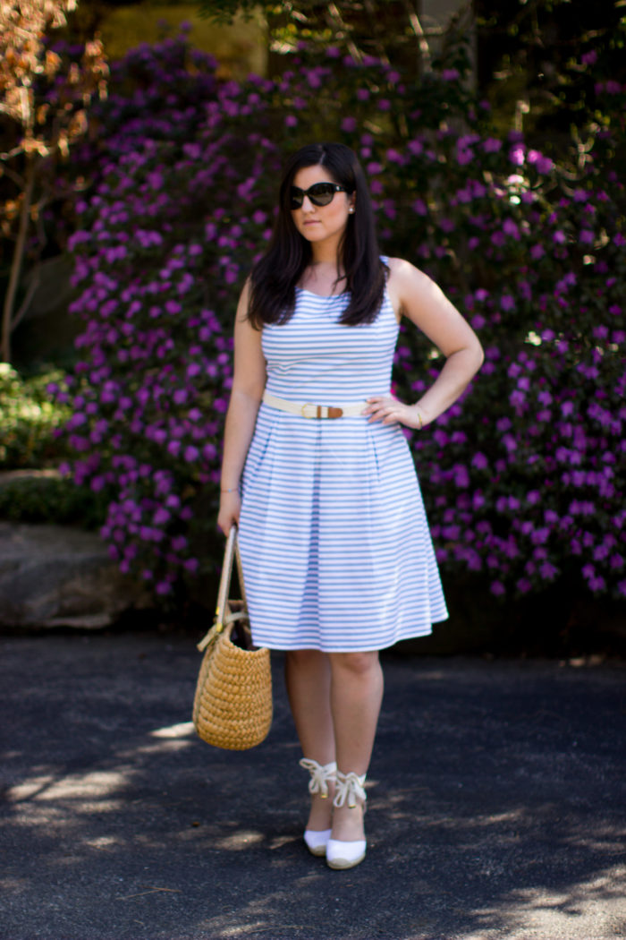 wrap espadrille wedges, summer dress, spring dress, brunching lady outfit, church outfit idea, striped dress
