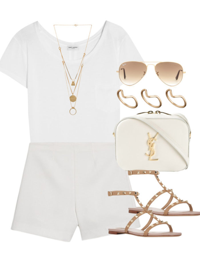 all white summer outfit, white and beige combination, beige valentine rockstud flats, ysl handbag, rayban sunglasses