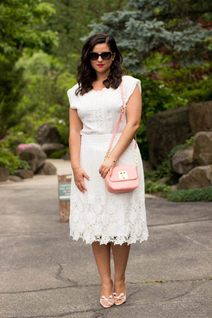lace A-line skirt, lace outfit idea, summer outfit, tommy hilfiger handbag, pink crossbody, bow shoes, bow pumps