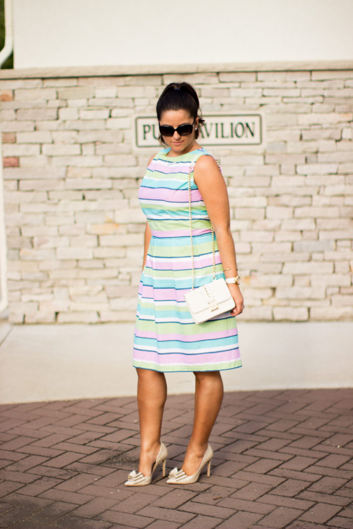 multi stripe dress, kate spade multi cape stripe dress, chicago designer dress, summer dress, blogger designer, colorful stripe dress,