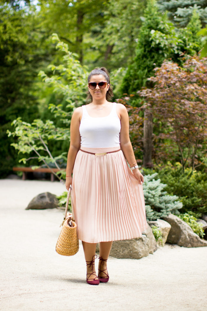 pointed lace up flats, light pink skirt, blush pleated skirt, target fashion, target skirt, white top, straw tote,