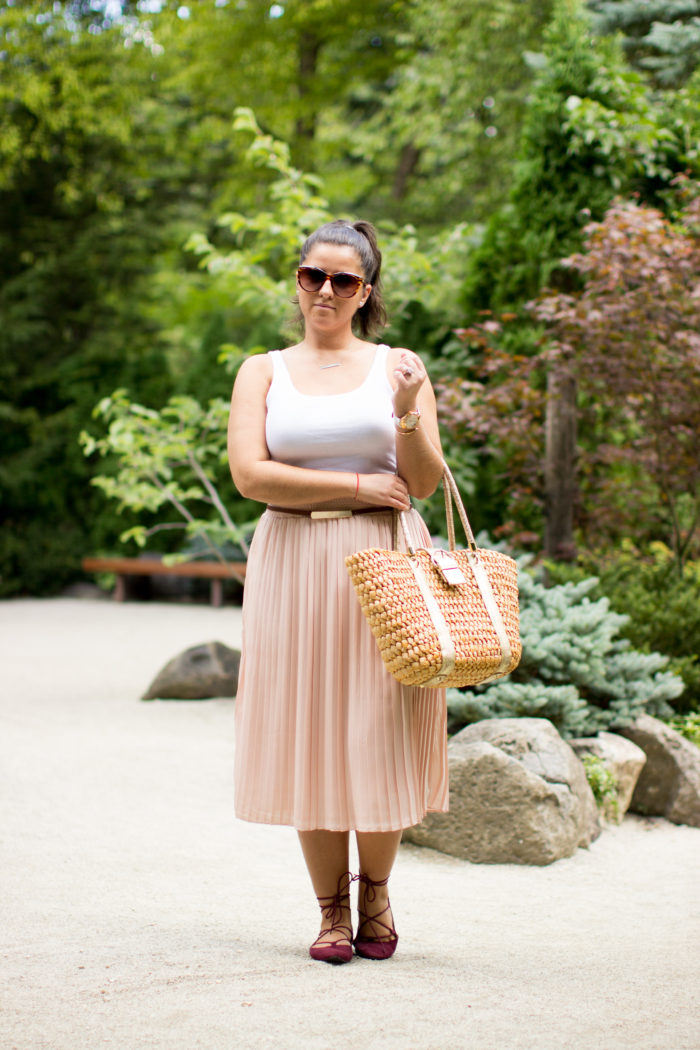 pointed lace up flats, light pink skirt, blush pleated skirt, target fashion, target skirt, white top, straw tote,