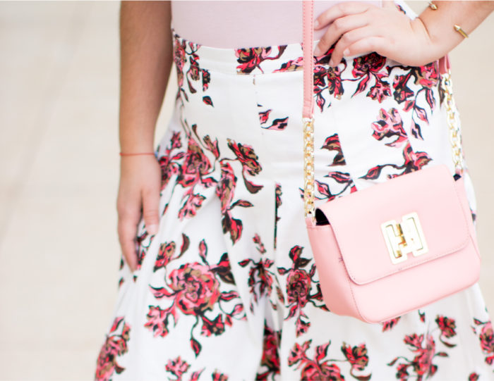 pink hues, blush tones, blush top, floral skirt, tommy hilfiger handbag, pink crossbody, steve madden sandals