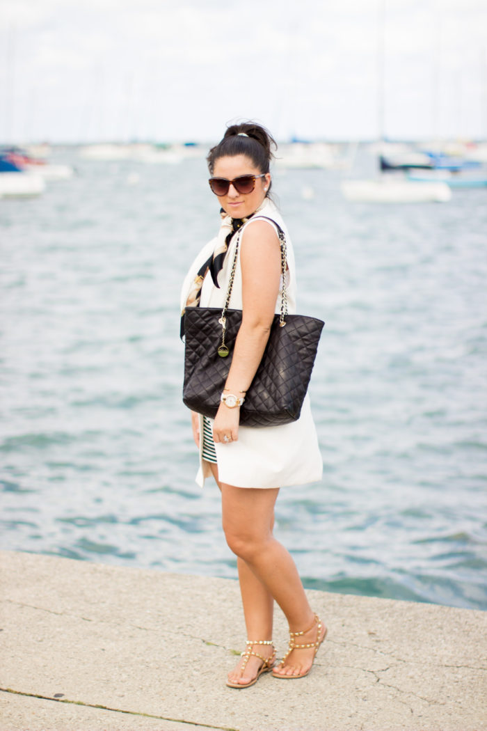 How to style a long vest in summer, long white vest, white house black market, striped shorts, quilted tote, rockstud sandals, nautical silk scarf
