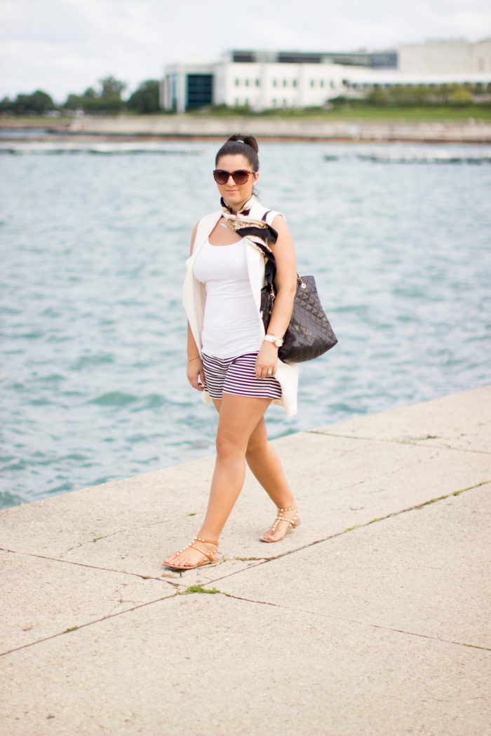 How to style a long vest in summer, long white vest, white house black market, striped shorts, quilted tote, rockstud sandals, nautical silk scarf
