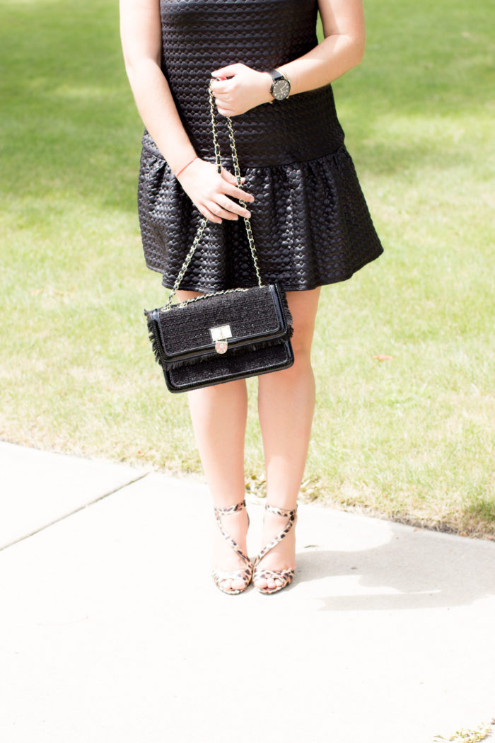 LBD. little black dress, kohls dress, nina leopard shoes, versace sunglasses, anne klein handbag