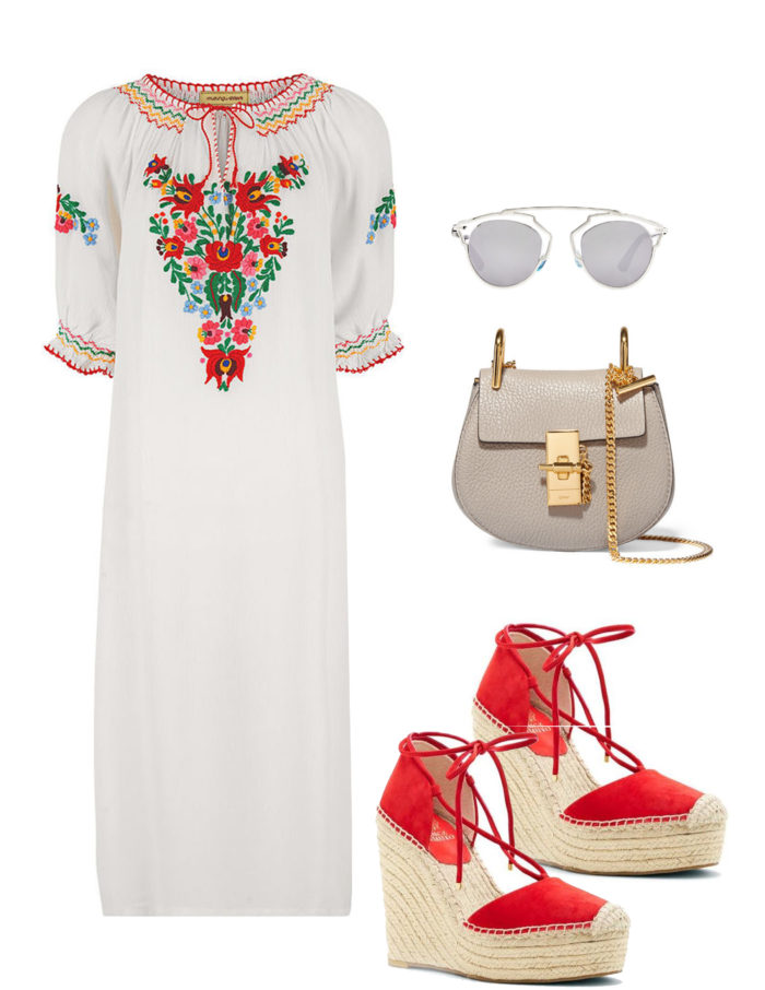 embroidered dress, summer dress, festival dress, espadrille red wedges,