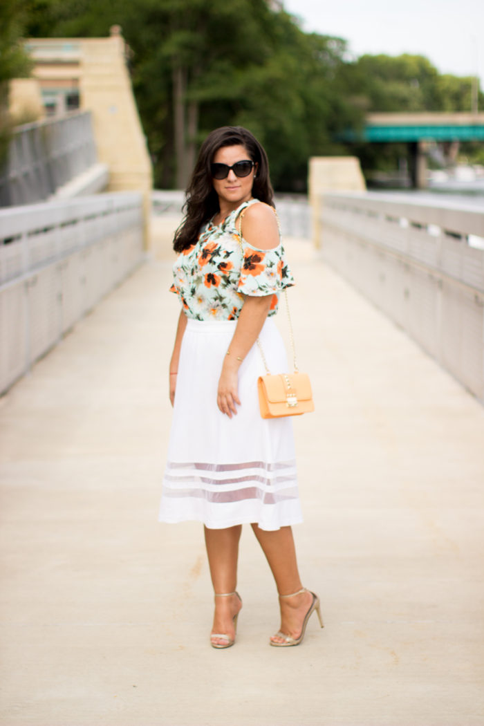 how to style a floral top, grace and lace floral top, summery and feminine top, white skirt, orange crossbody
