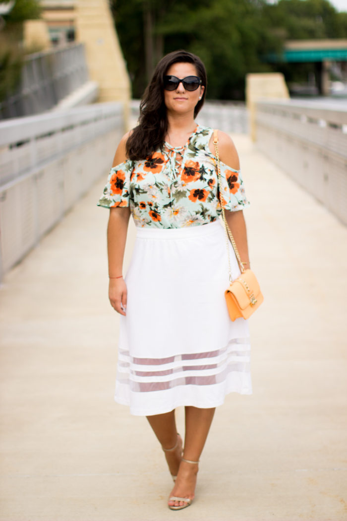 how to style a floral top, grace and lace floral top, summery and feminine top, white skirt, orange crossbody