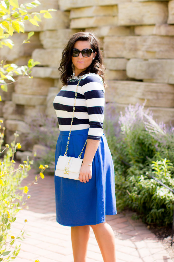 how to wear a monochromatic outfit, blue outfit, blue striped top , blue a-line skirt, work appropriate outfit,