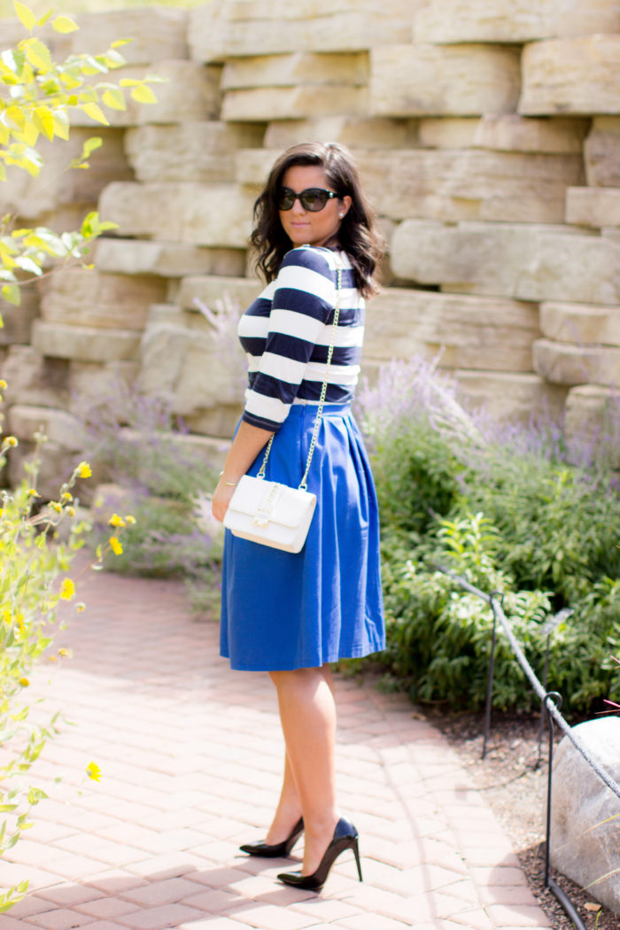 how to wear a monochromatic outfit, blue outfit, blue striped top , blue a-line skirt, work appropriate outfit,
