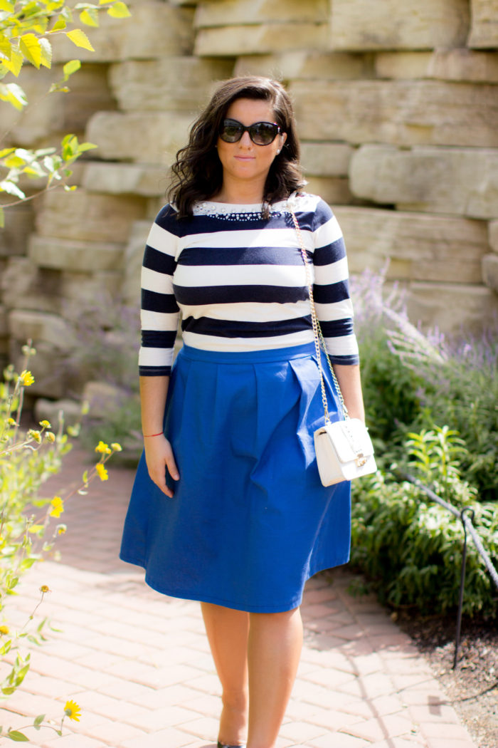 how to wear a monotone outfit, blue outfit, blue striped top , blue a-line skirt, work appropriate outfit,