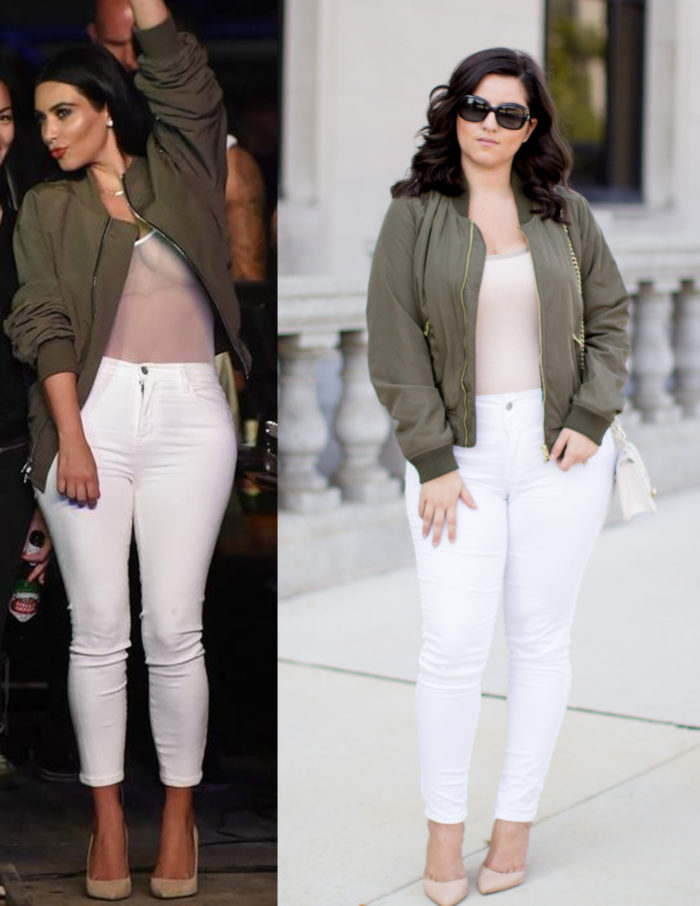 kim kardashian bomber jacket outfit, green bomber jacket, white jeans, beige pointed pumps, kim kardashian style, kim kardashian fashion, kim kardashian outfits