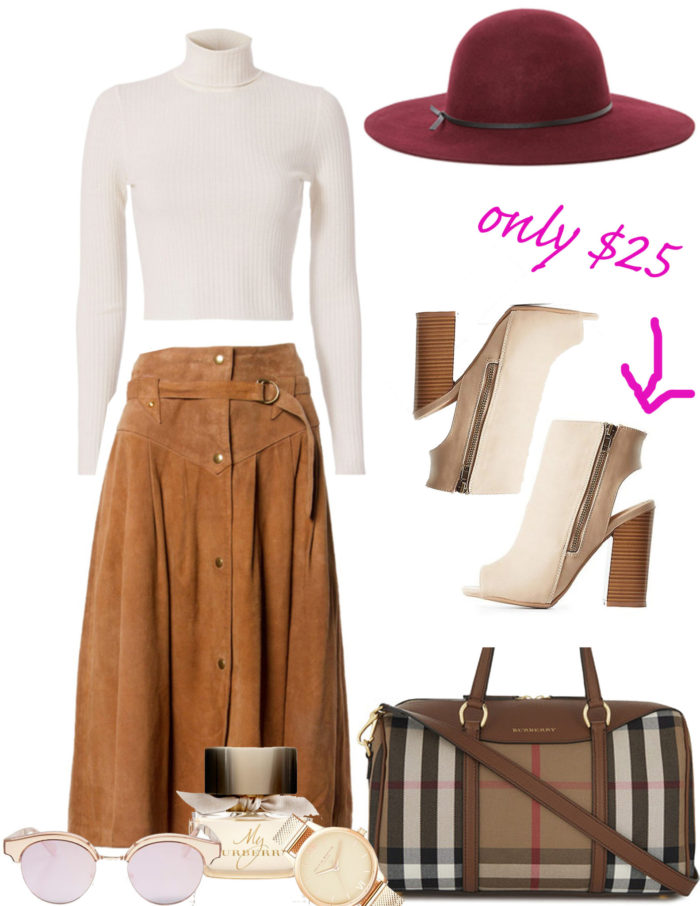 outfit idea for fall, suede skirt, chunky heel open toe booties, burgundy hat, winter white sweater, burberry handbag