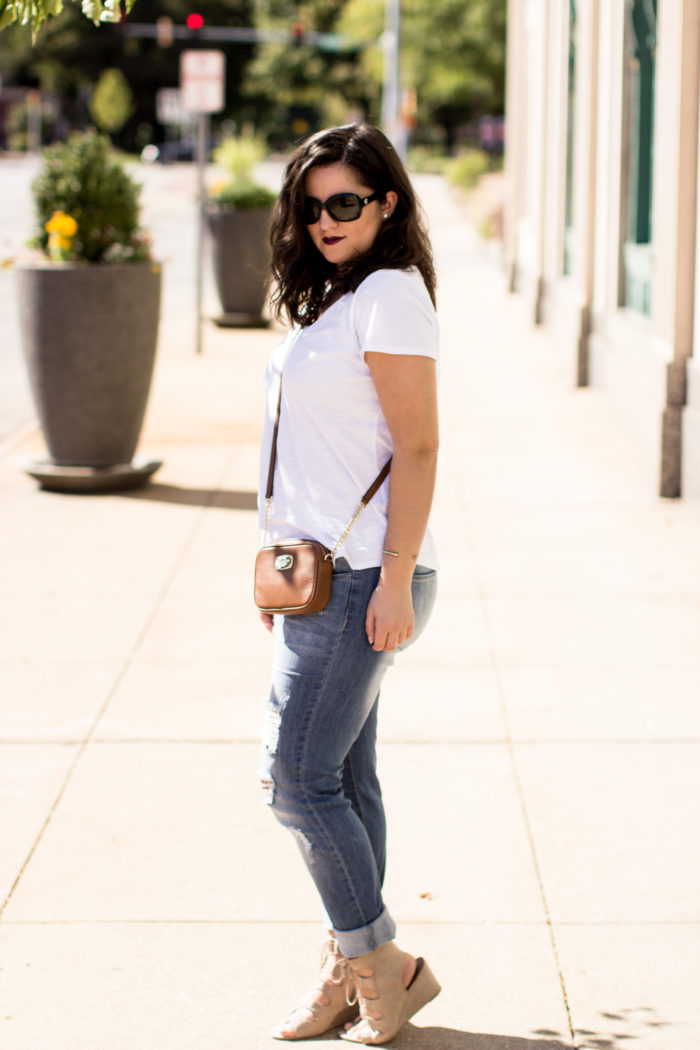 best casual jeans, ripped jeans, light wash jeans, cropped jeans, white t-shirt, michael kros crossbody, suede wedges, target shoes, ;ace up wedges