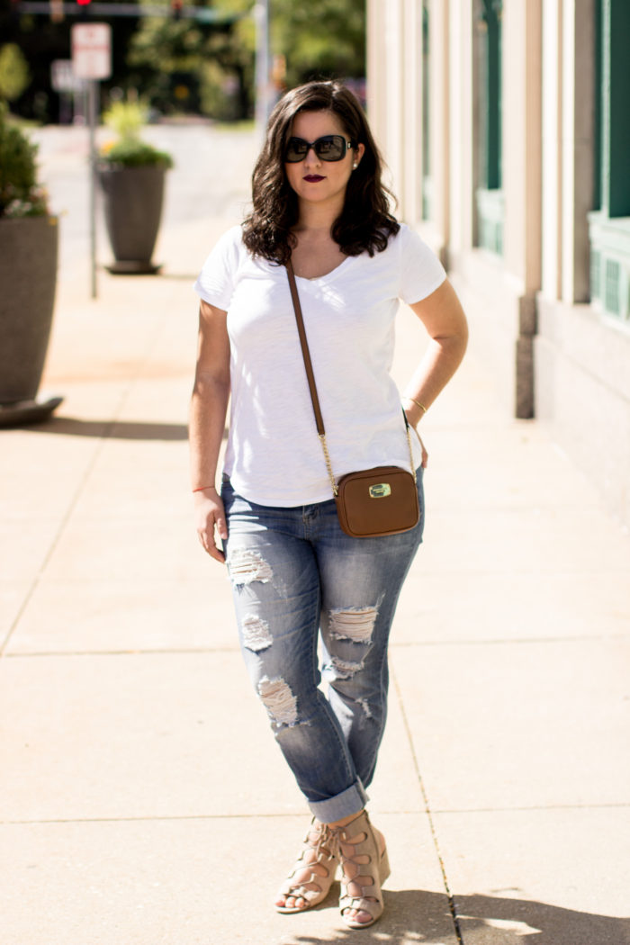 best casual jeans, ripped jeans, light wash jeans, cropped jeans, white t-shirt, michael kros crossbody, suede wedges, target shoes, ;ace up wedges