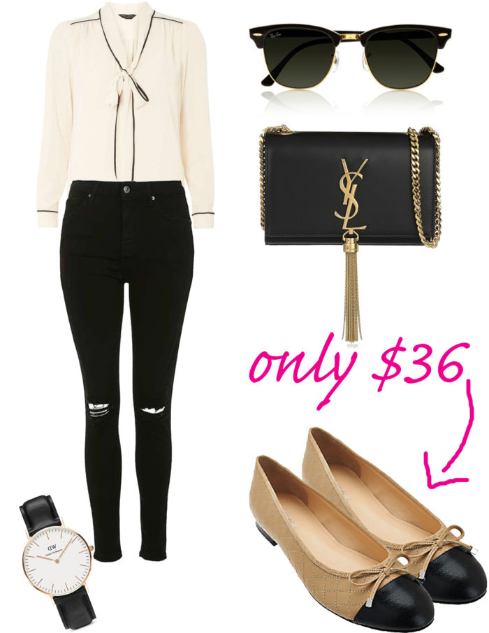 classic black and white outfit for fall, quilted ballerina flats, ysl handbag, white long sleeve blouse, black ripped jeans