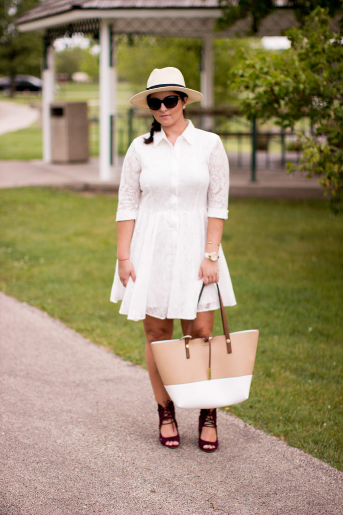 perfect picnic outfit, white lace shirtdress, burgundy wedges, calvin klein tote, straw hat, casual chic, preppy dress, classy dress, white lac
