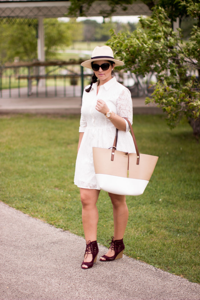 perfect picnic outfit, white lace shirtdress, burgundy wedges, calvin klein tote, straw hat, casual chic, preppy dress, classy dress, white lac