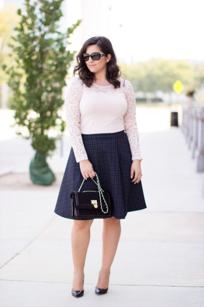 work appropriate outfit, blush lace top, long sleeve lace top, A-line skirt, navy blue skirt, black steve madden pumps,