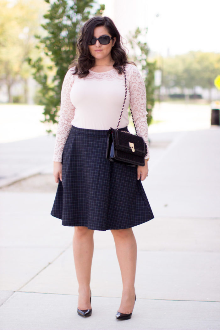 work appropriate outfit, blush lace top, long sleeve lace top, A-line skirt, navy blue skirt, black steve madden pumps,
